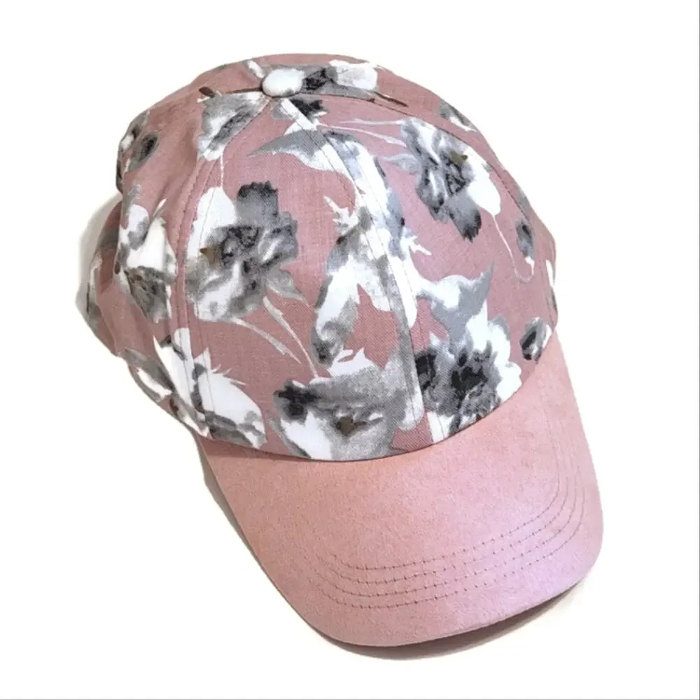 INC International Concepts Floral Cotton Suede Pink and Gray Baseball Cap OS